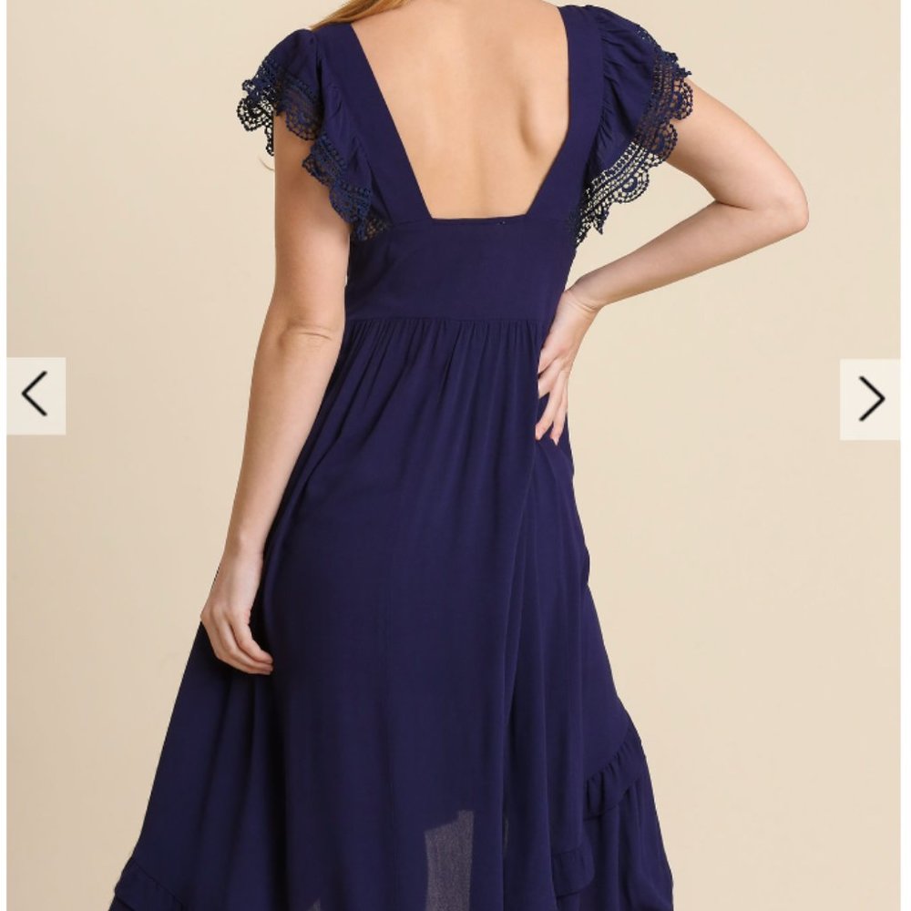 247.Women's Hi-Lo Midi Dress with Lace Trim and Square Back Details NWT - Picture 3 of 5